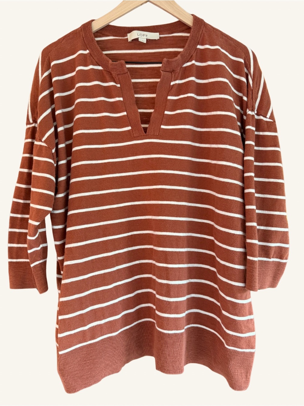 LOFT Rust Ivory Striped Split Neck Cotton Sweater XL